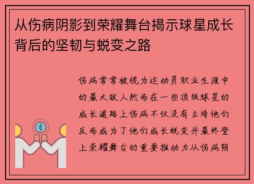从伤病阴影到荣耀舞台揭示球星成长背后的坚韧与蜕变之路